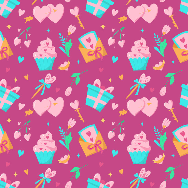 Seamless vector pattern with heart, gift box, candy, key, rose, flowers, ring, envelope with a letter, muffin on a pink background. Background for Valentine's Day. - Διάνυσμα, εικόνα