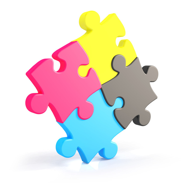 Four assembling colorful puzzle pieces in cmyk - Foto, Bild
