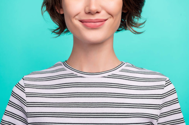 Cropped photo of funky young brunette lady mouth wear striped t-shirt isolated on teal color background. - Foto, Imagem