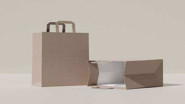 Bolsas de compras de papel maqueta, bolsas de compras de cartón marrón, material de bolsas de compras de cartón. embalaje ecológico. representación 3d, ilustración 3d  - Foto, imagen