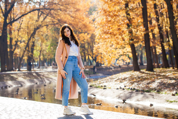 Full length portrait of a young beautiful girl posing against the backdrop of an autumn park - Foto, imagen