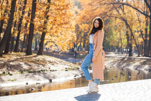 Full length portrait of a young beautiful girl posing against the backdrop of an autumn park - Foto, Imagem