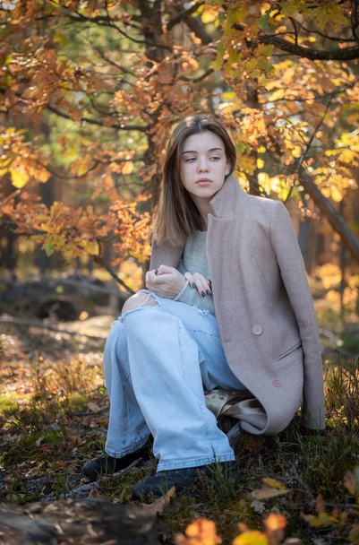 Portrait of a thoughtful and sad girl. Autumn colors . Lifestyle. Autumn mood. Forest - Фото, зображення