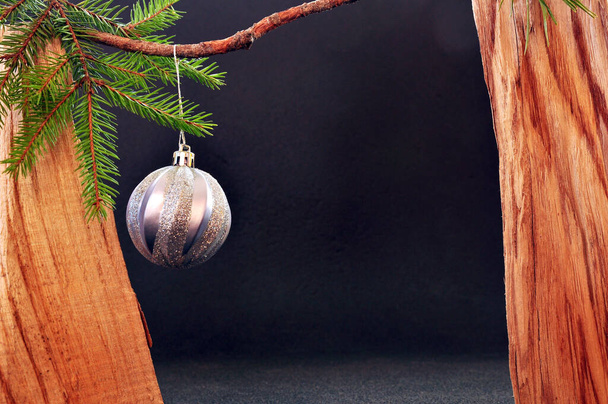 Fondo de Navidad con marco de madera, bola de brillo plateado y rama del árbol de Navidad - Foto, imagen