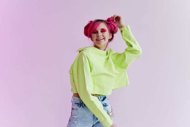 cheerful woman bright cosmetics party posing neon background - Foto, afbeelding