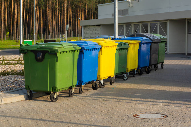 Atık ayrımcılığı için renkli çöp bidonları. - Fotoğraf, Görsel