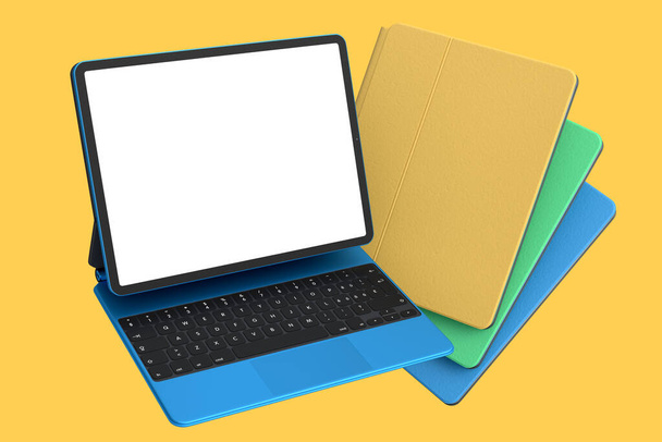 Set of computer tablets with keyboard and blank screen isolated on yellow background. 3D rendering concept of creative designer equipment and compact workspace - Foto, Imagen