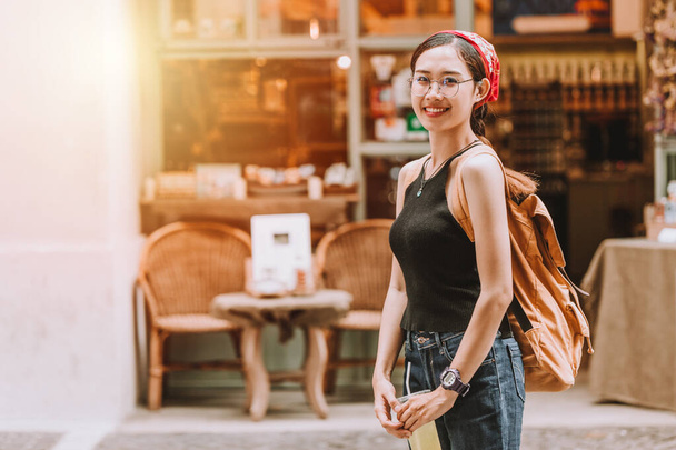 Portrait hipster Asian teen summer dressing walking in shopping street happy smile - Valokuva, kuva
