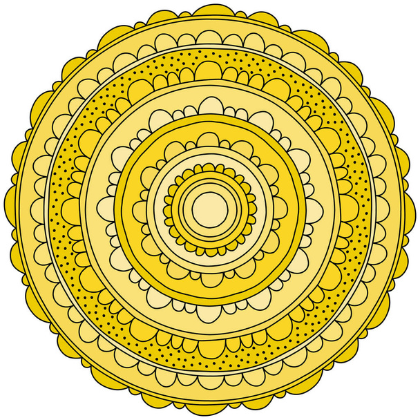 Mandala amarillo brillante con pequeños pétalos y puntos que parecen una flor en capas para la ilustración vectorial de diseño - Vector, imagen