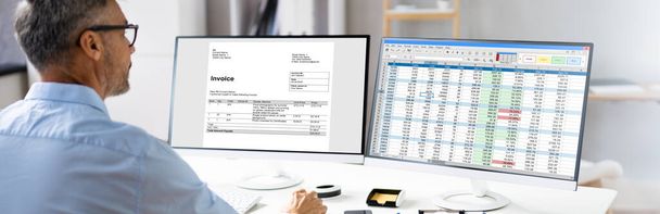 Business Invoice Tax Management. Accountant Using Monitor - Фото, изображение