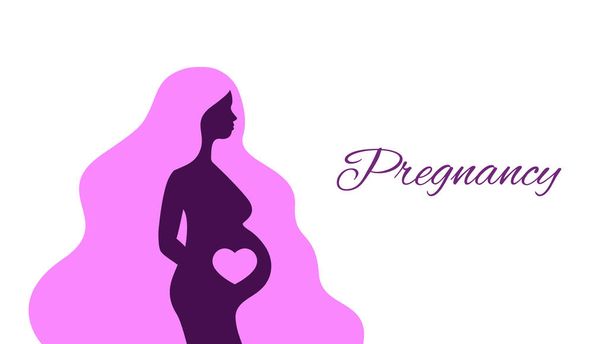 Silhouette di donna incinta in profilo isolato. Giovane donna incinta con logo capelli lunghi. Un messaggio sulla gravidanza. Illustrazione vettoriale - Vettoriali, immagini