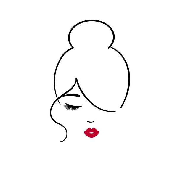 Κομψό λογότυπο για προϊόντα ομορφιάς ή ινστιτούτα αισθητικής. Γυναίκα γραμμή πορτρέτο με φωτεινά χείλη. - Διάνυσμα, εικόνα