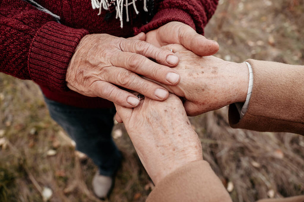 Senior man in love holding and caressing tender hands of his beautiful woman, husband warming cold wrinkled arms of wife during walk along park, couple confessing in love and fidelity, close-up - Photo, image