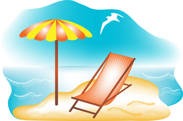 Deck chair and umbrella for relaxation on the seashore on a summer sunny day - Vetor, Imagem
