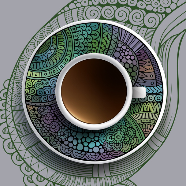 šálek kávy a ručně tažené ornament - Vektor, obrázek