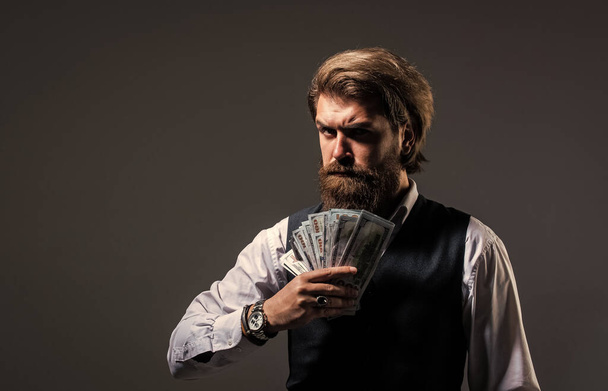 Rich man hold money cash financial success, back services concept - Foto, Imagem