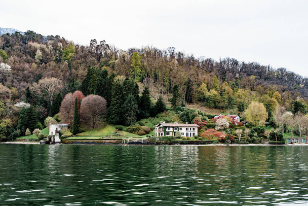Varios árboles hermosos cerca de casas antiguas a orillas del Lago de Como. Italia - Foto, imagen