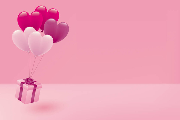 Иллюстрация розовых сердечных шариков и подарочной коробки - Вектор,изображение