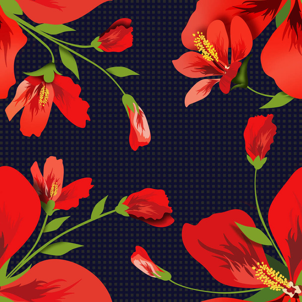 シームレスファブリック壁紙。紅色の花々の模様がシームレスな接合部のスタイル. - 写真・画像