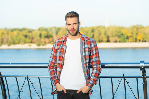 young trendy male fashion model in casual shirt outside, fashion - Φωτογραφία, εικόνα