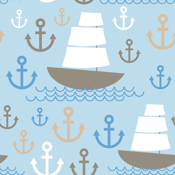 Light Blue Seamless background. Boat with white sails, sea ancho - Vektor, obrázek