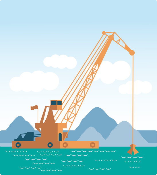 Modern style flat Huge crane barge Industrial ship that digs sand, marine dredging digging sea bottom. quarry ore earth. Vector - Vector, imagen