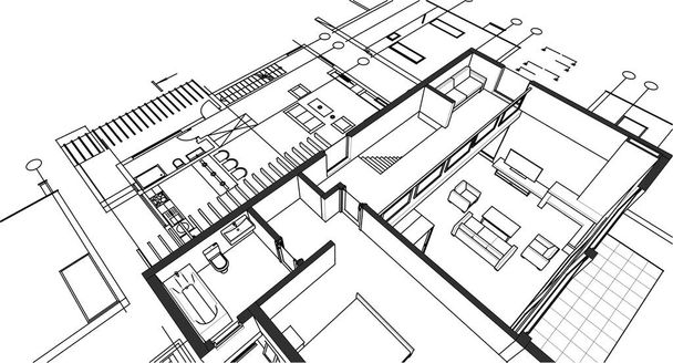 σύγχρονο σπίτι αρχιτεκτονικό σχέδιο του έργου 3d εικονογράφηση - Διάνυσμα, εικόνα