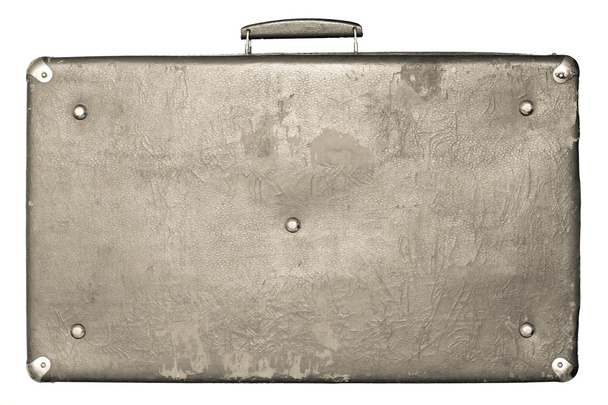 白い背景の上の古いみすぼらしいベージュ スーツケース - 写真・画像