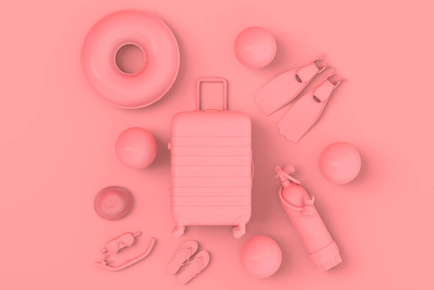 Monochrome suitcase or baggage with beach accessories on pink background. 3D render of summer vacation concept and holidays - Fotó, kép