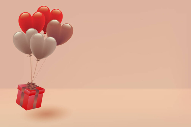 Illustration der stumpfen Farbe Herz Luftballons und Geschenkbox - Vektor, Bild