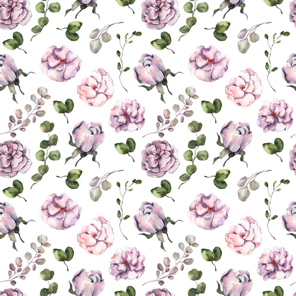 Akvarell Virágos zökkenőmentes minta. Rózsaszín virágok, levelek. - Fotó, kép