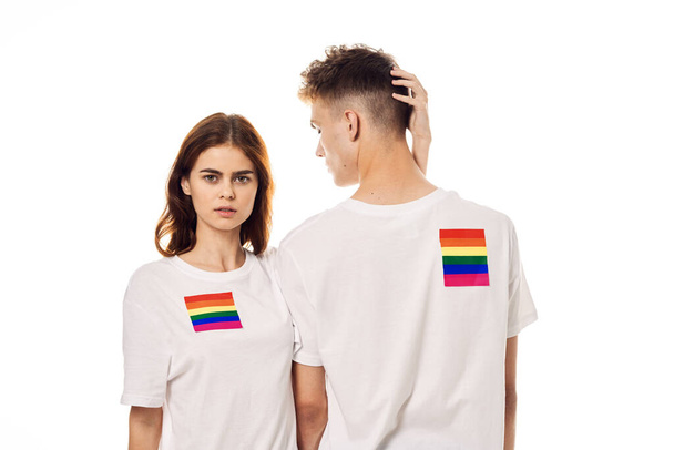 young couple lgbt Flag transgender lifestyle light background - Foto, Imagen
