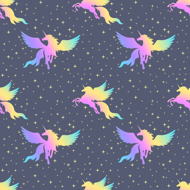 Unicorns with wings and stars. Seamless pattern. - Вектор,изображение