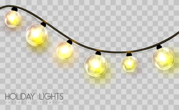 Vector garlang of gold lamps on transparent background. Holiday string of lights vector illustration - Vector, imagen