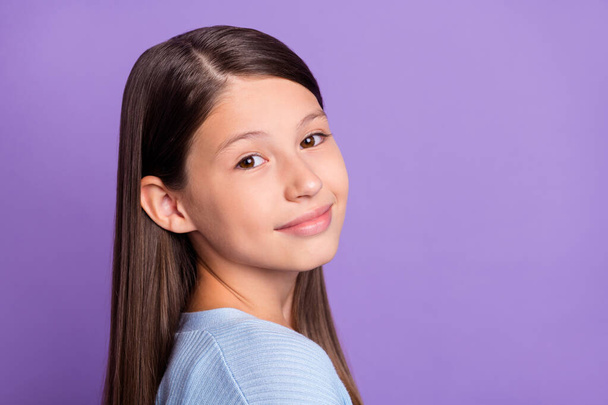Profile photo of pretty brunette daughter little girl wear blue shirt isolated on violet color background - Foto, imagen