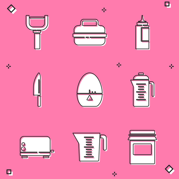 Set pelador, olla de cocina, botella de salsa, cuchillo, temporizador de cocina, tetera, tostadora y el icono de la taza de medición. Vector - Vector, Imagen