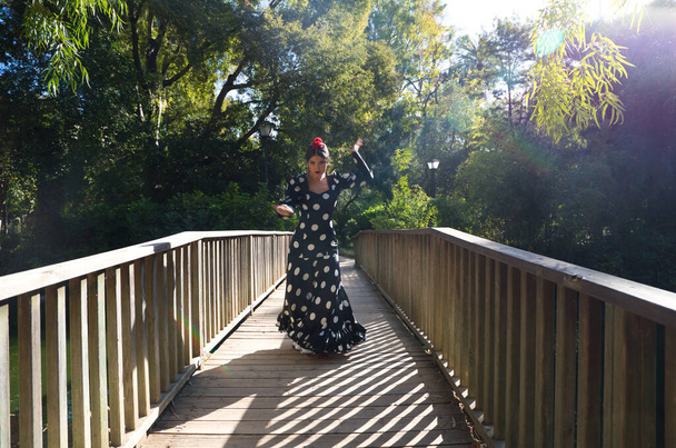 beautiful Spanish brunette flamenco dancer woman with a typical flamenco costume with white polka dots dancing on a wooden catwalk in the street. Flamenco cultural heritage of humanity. - Фото, изображение