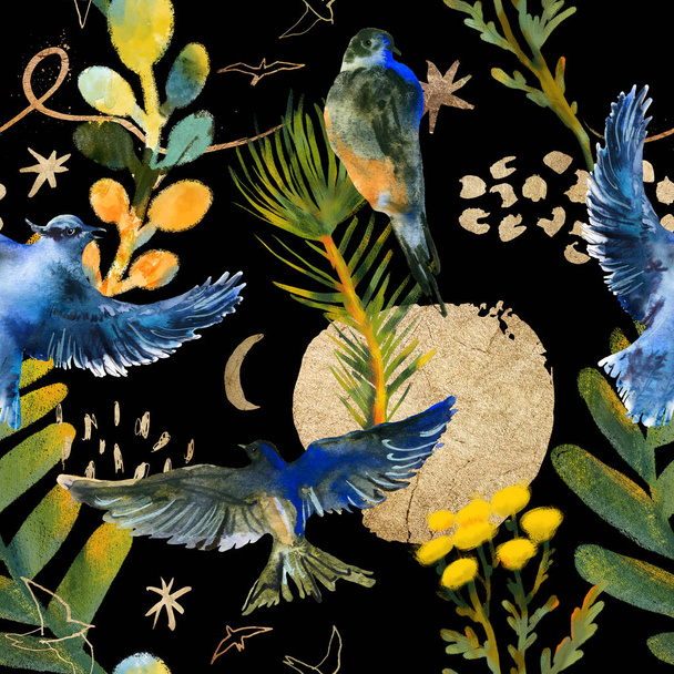 Trendy seamless pattern with watercolor hand-drawn birds, plants and golden elements. Artistic natural background on the black backdrop. - Фото, изображение