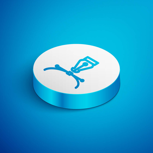 Isometric line Fountain pen nib icon isolated on blue background. Pen tool sign. White circle button. Vector. - Vector, Imagen