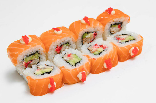 Japanese seafood sushi , roll on a white background - Photo, image