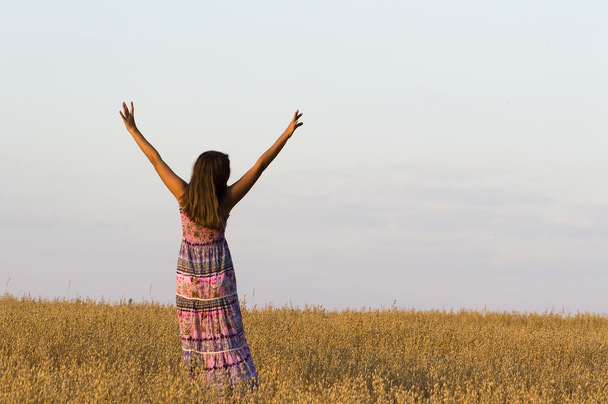 The girl put hands up standing in oat field. - Photo, Image