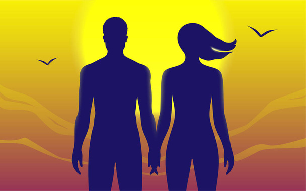 Paar, das sich vor dem Hintergrund des Sonnenuntergangs die Hände hält. Adam und Eva Konzeptvektorillustration. - Vektor, Bild