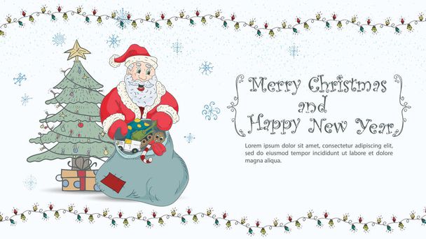 Ilustração de Natal e Ano Novo para design, saudação inscrição em uma moldura, Papai Noel com um saco de presentes fica ao lado de uma árvore de Natal - Vetor, Imagem