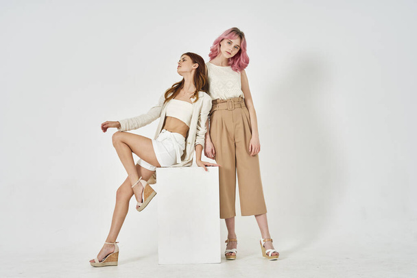 two women in fashionable clothes posing model decoration - Fotoğraf, Görsel