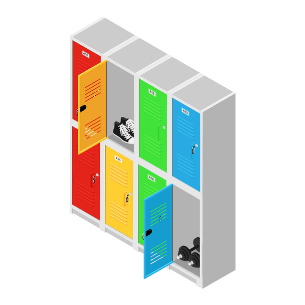 Metal lockers with open doors, shoes and dumbbel inside. Lockers in gym. Two level compartment. Isometric view. raster - Fotó, kép