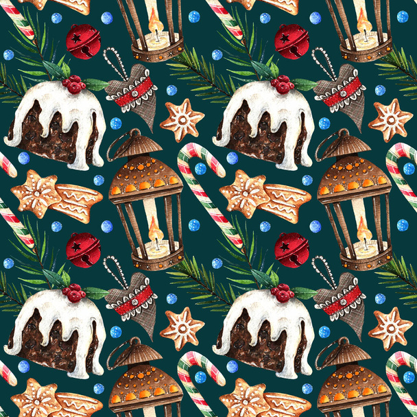 Watercolor illustration, Merry Christmas, flashlight, Traditional British Christmas Pudding, gingerbread cookie, candy stick. Background dark, seamless pattern. Handmade - Fotó, kép