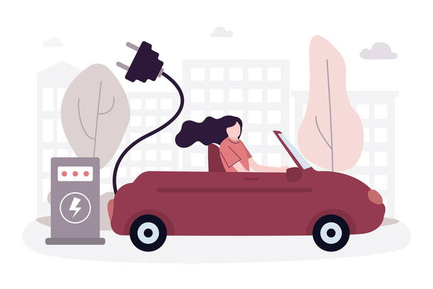 Cartoon woman driving eco transport. Happy girl rides electrified future transportation. Electric car with plug for charging motor. Improvement and care for environment. Flat vector illustration - ベクター画像