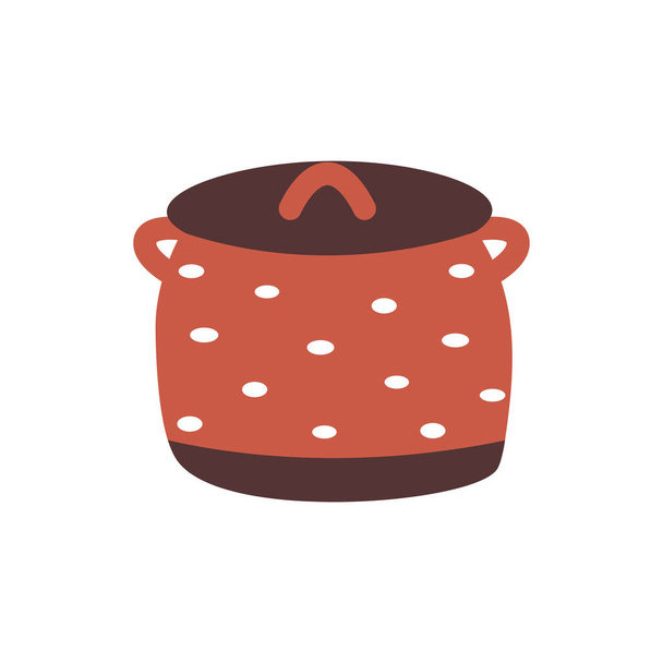 Jolie casserole rouge avec couvercle et motif à pois. Ustensiles de cuisine, plats pour cuisiner des plats chauds, soupes. Illustration vectorielle colorée dessinée à la main isolée - Vecteur, image