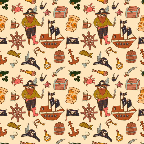 Seamless pattern. Bundle Pirate. Hat, hook and spyglass, treasure map and flag, ship, bottle of rum and anchor, chest and sword. Colorful vector illustration hand drawn print or card, wrapping or fabric - Vector, Image