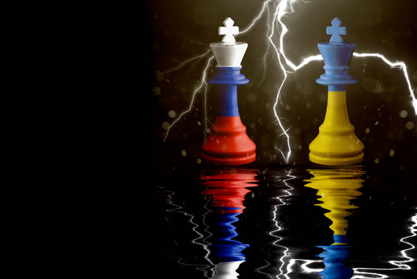 Ukraine and Russia flags paint over on chess king. 3D illustration Ukraine vs Russia crisis. - Photo, Image
